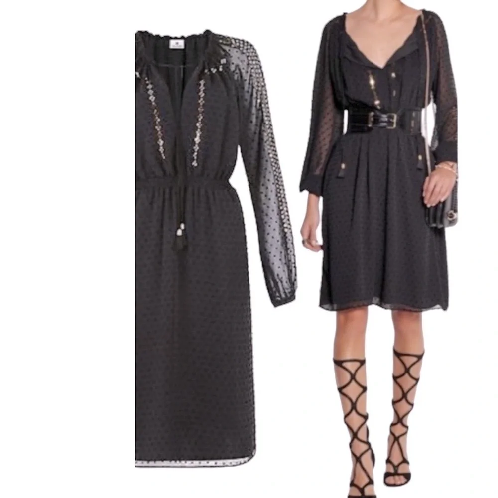 NWT Altuzarra Dress Black Swiss dot chiffon sequins long sleeves smocked Sz 4 - Picture 8 of 15